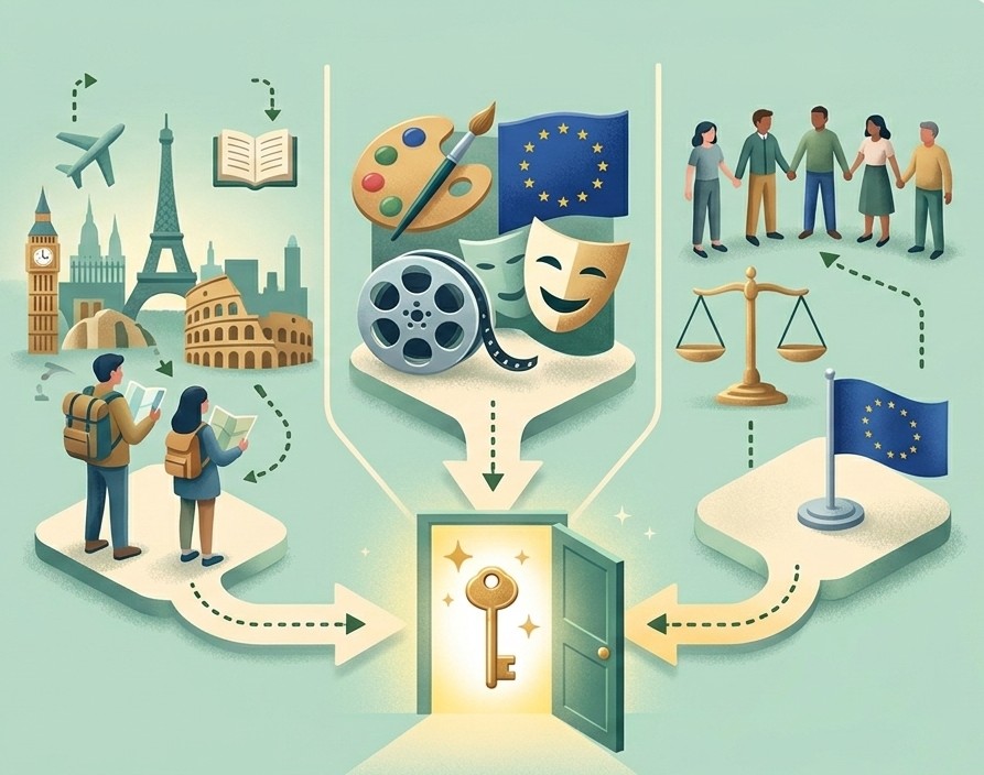 Illustrazione: viaggio, cultura, cittadinanza e diritti europei collegati da un percorso verso una porta aperta con una chiave dorata, a rappresentare l'accesso ai fondi UE
